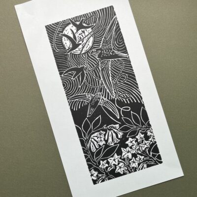 In the Air, a relief print of the moon with chimney swifts and night-blooming jasmine